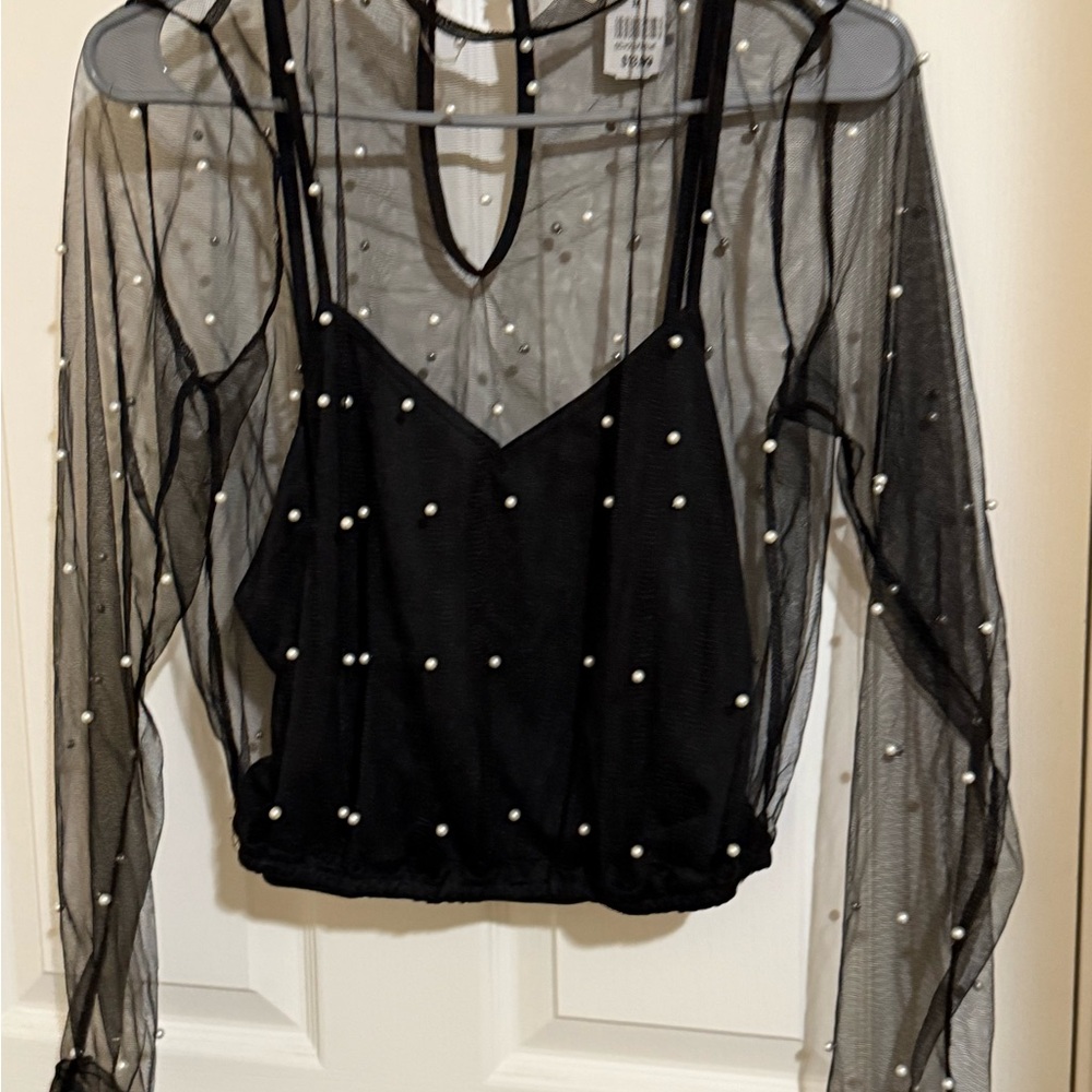 Elegant Black Sheer Pearl-Embellished Top